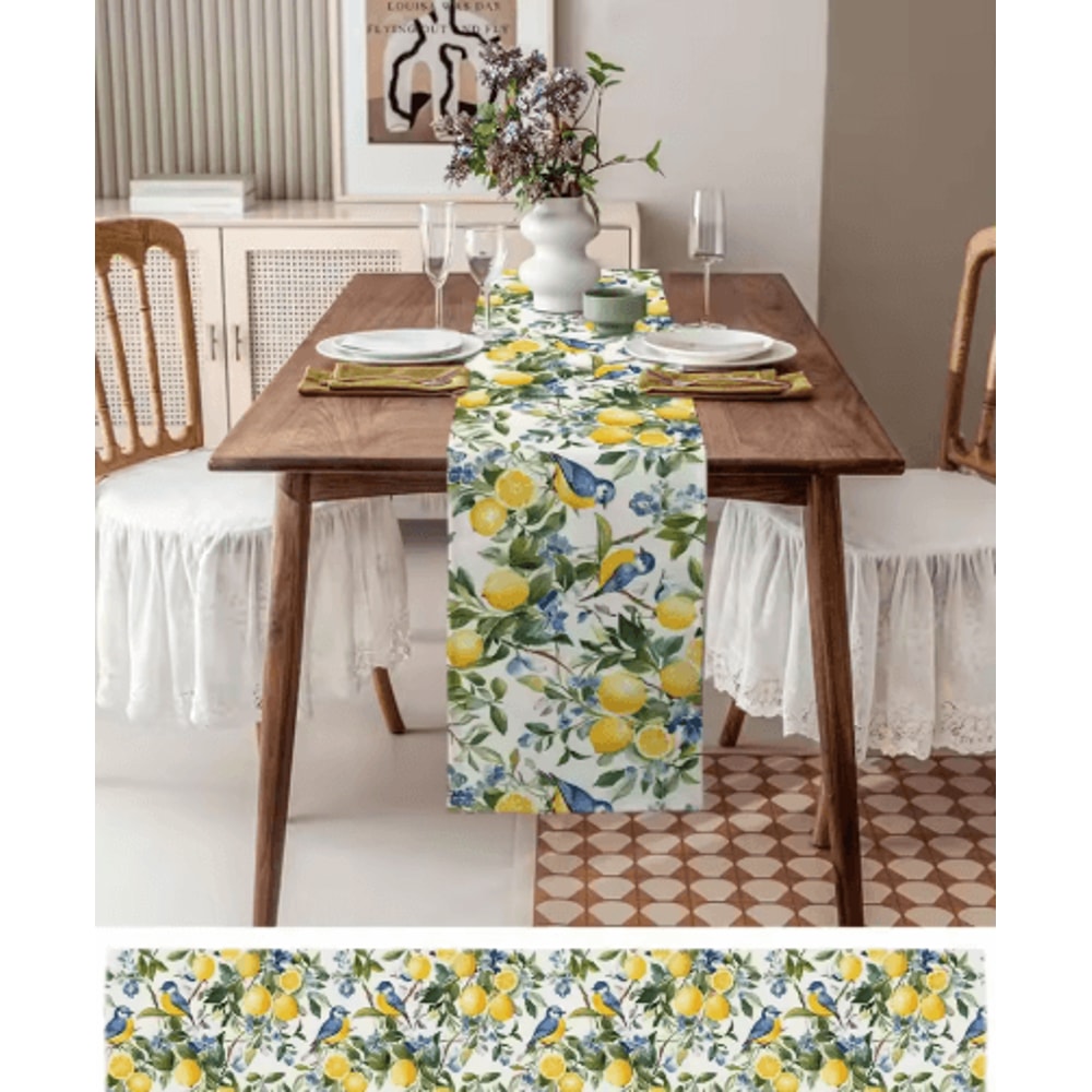 Lemon Tree Linen Table Runner With Blue Birds Vintage Floral Holiday Table Decor 6