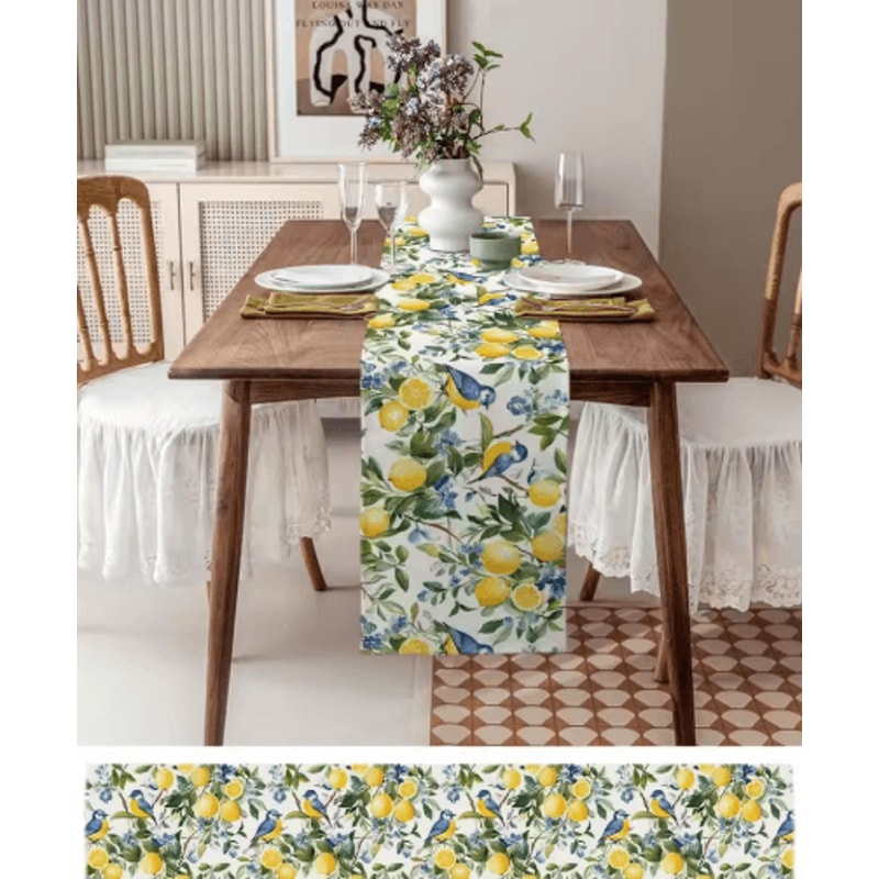 Lemon Tree Linen Table Runner With Blue Birds Vintage Floral Holiday Table Decor 6