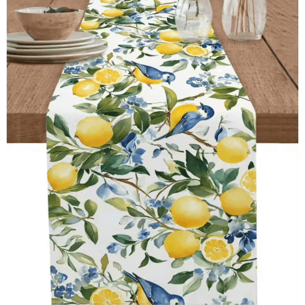 Lemon Tree Linen Table Runner With Blue Birds Vintage Floral Holiday Table Decor 0