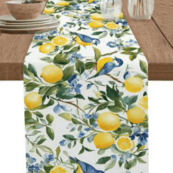 lemon tree linen table runner with blue birds vintage floral holiday table decor