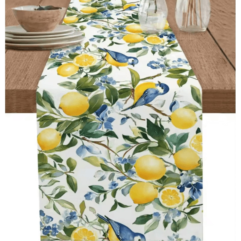 Lemon Tree Linen Table Runner With Blue Birds Vintage Floral Holiday Table Decor 0