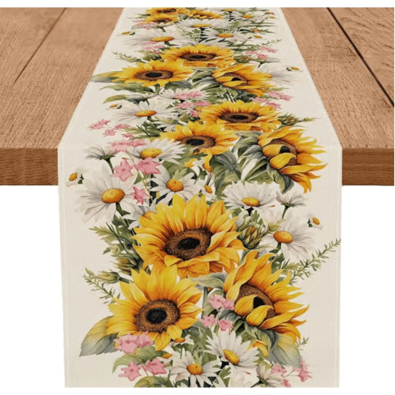 Sunflower Daisy Linen Table Runner Colorful Farmhouse Floral Decor For Spring Summer 2