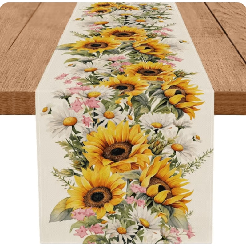 Sunflower Daisy Linen Table Runner Colorful Farmhouse Floral Decor For Spring Summer 0