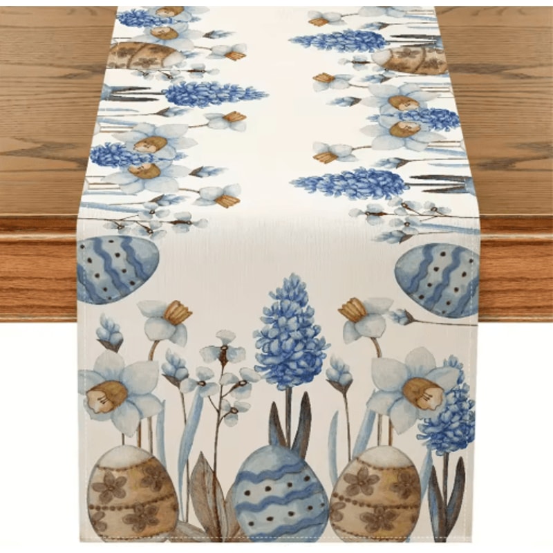 Easter Blue Eggs Floral Linen Table Runner Spring Botanical Table Decor 1