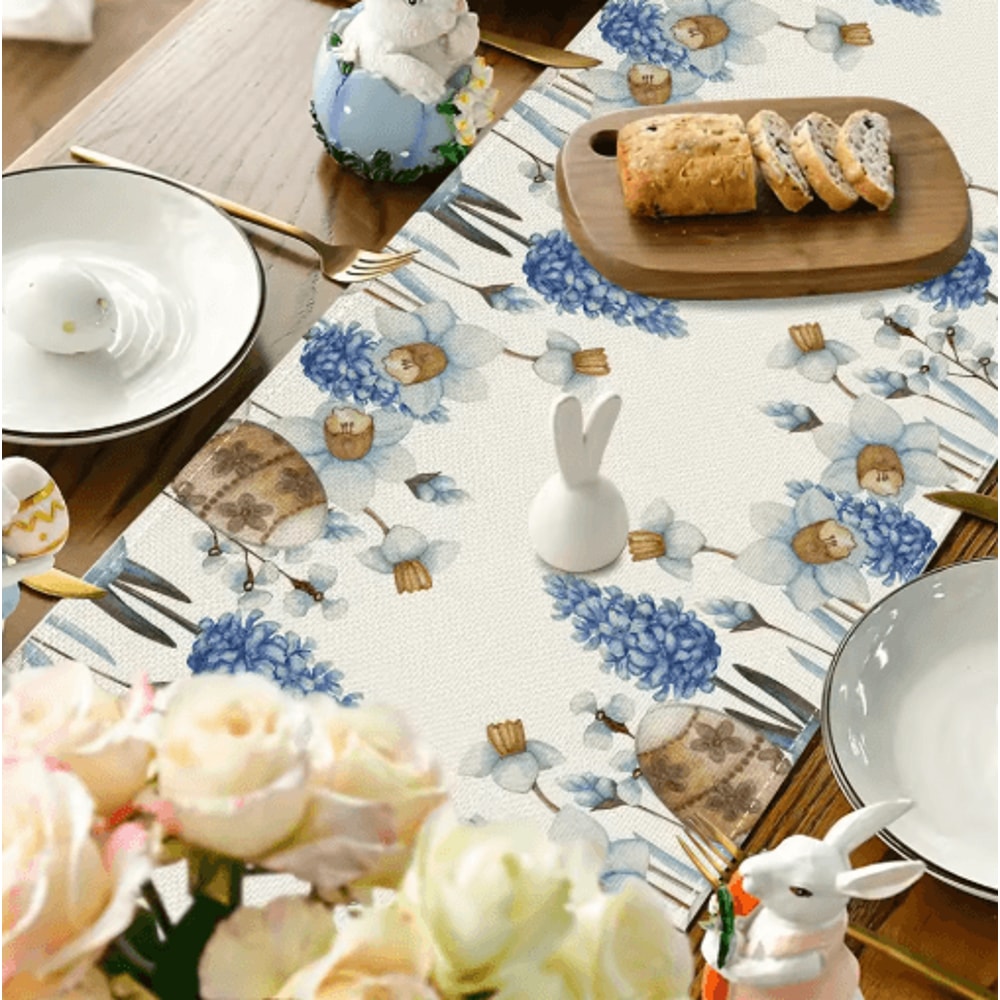 Easter Blue Eggs Floral Linen Table Runner Spring Botanical Table Decor 3