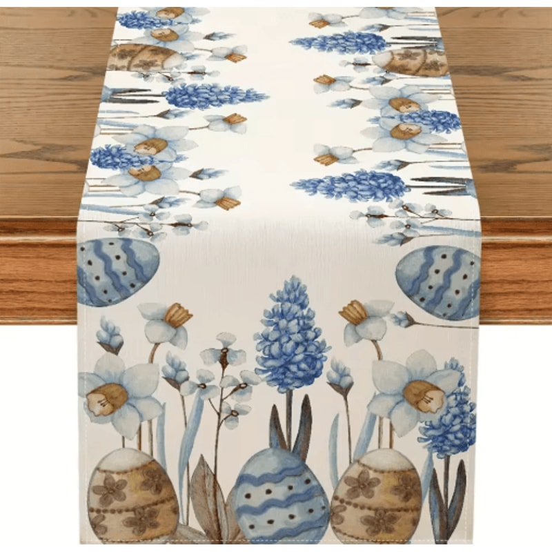 Easter Blue Eggs Floral Linen Table Runner Spring Botanical Table Decor 0