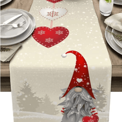 christmas gnome linen table runner snowflake & heart holiday table decor