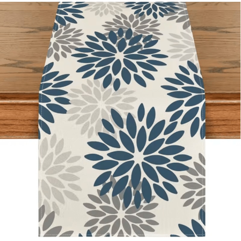 Blue Dahlia Floral Linen Table Runner Elegant Spring Summer Table Decor 1