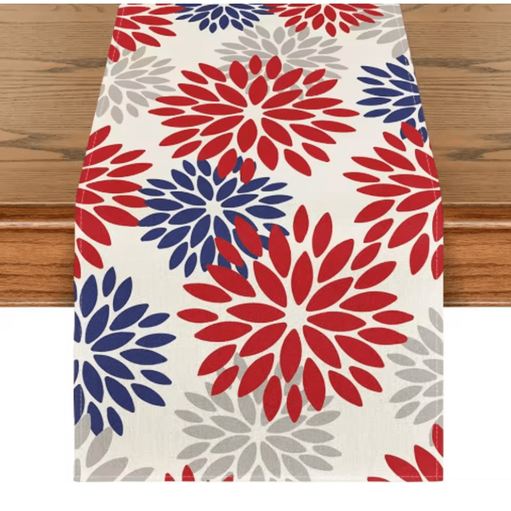 Blue Dahlia Floral Linen Table Runner Elegant Spring Summer Table Decor 3