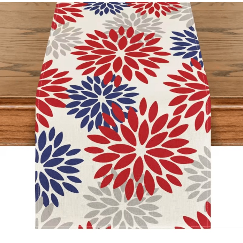 Blue Dahlia Floral Linen Table Runner Elegant Spring Summer Table Decor 3