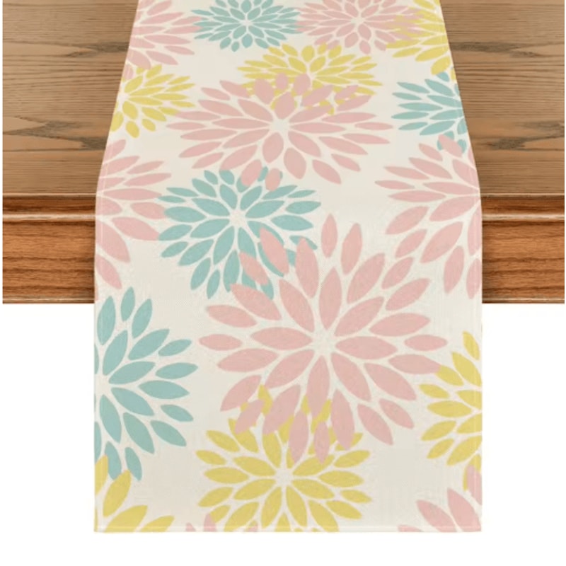 Blue Dahlia Floral Linen Table Runner Elegant Spring Summer Table Decor 4