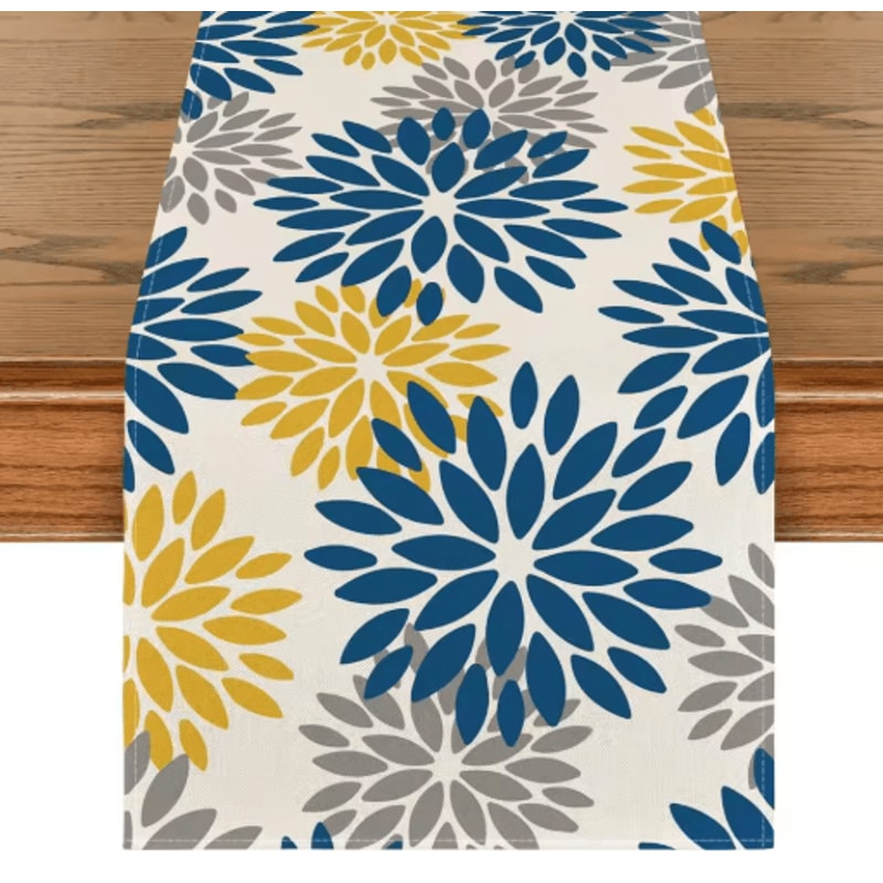 Blue Dahlia Floral Linen Table Runner Elegant Spring Summer Table Decor 8