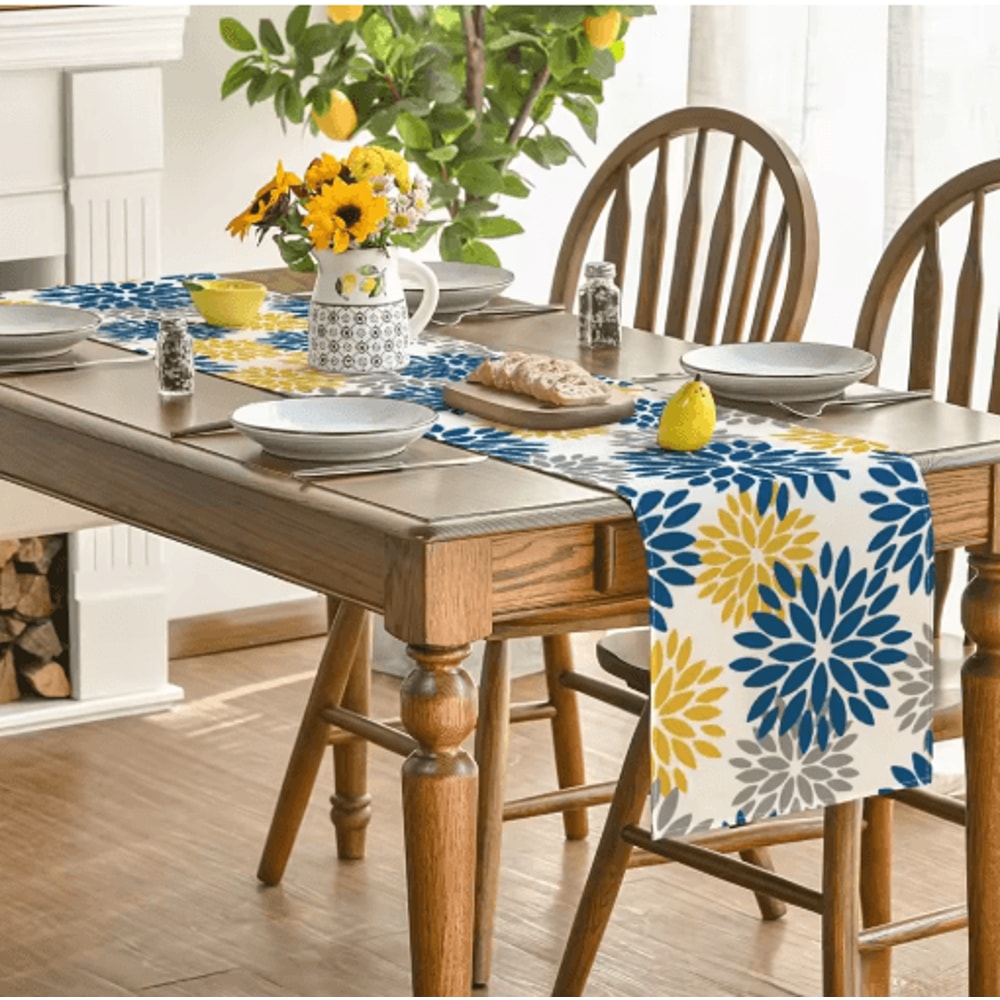 Blue Dahlia Floral Linen Table Runner Elegant Spring Summer Table Decor 11