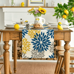 blue dahlia floral linen table runner elegant spring & summer table decor