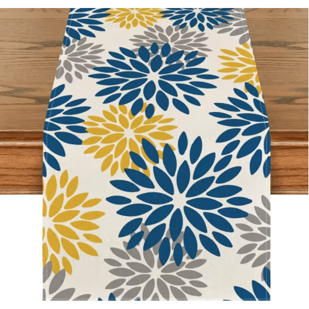 Blue Dahlia Floral Linen Table Runner Elegant Spring Summer Table Decor 12