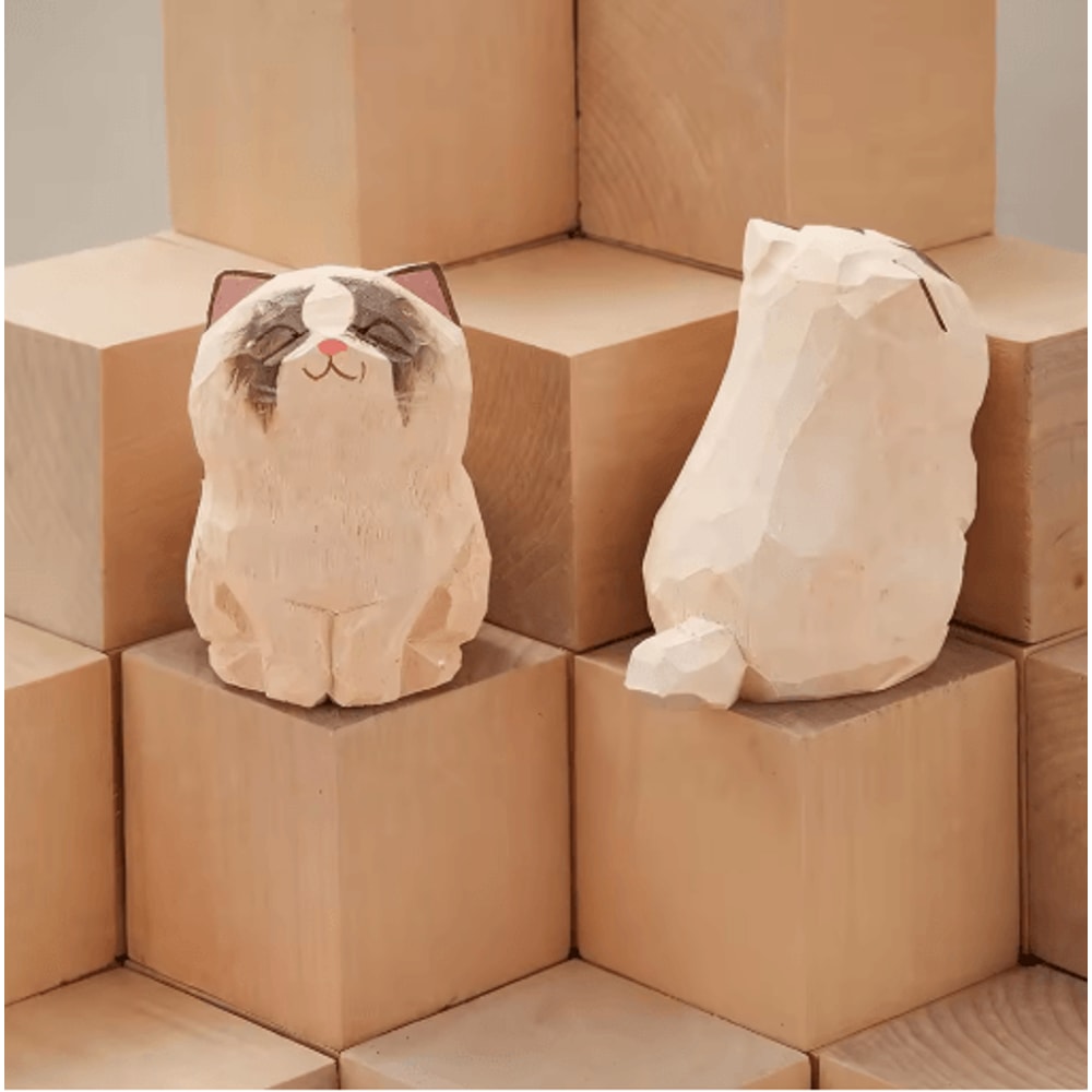 Handcrafted Wooden Cat Figurine Cute Carved Kitten Decor For Desk Home 3