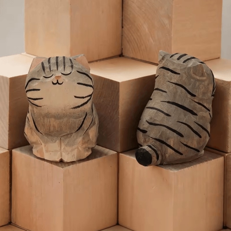 Handcrafted Wooden Cat Figurine Cute Carved Kitten Decor For Desk Home 6