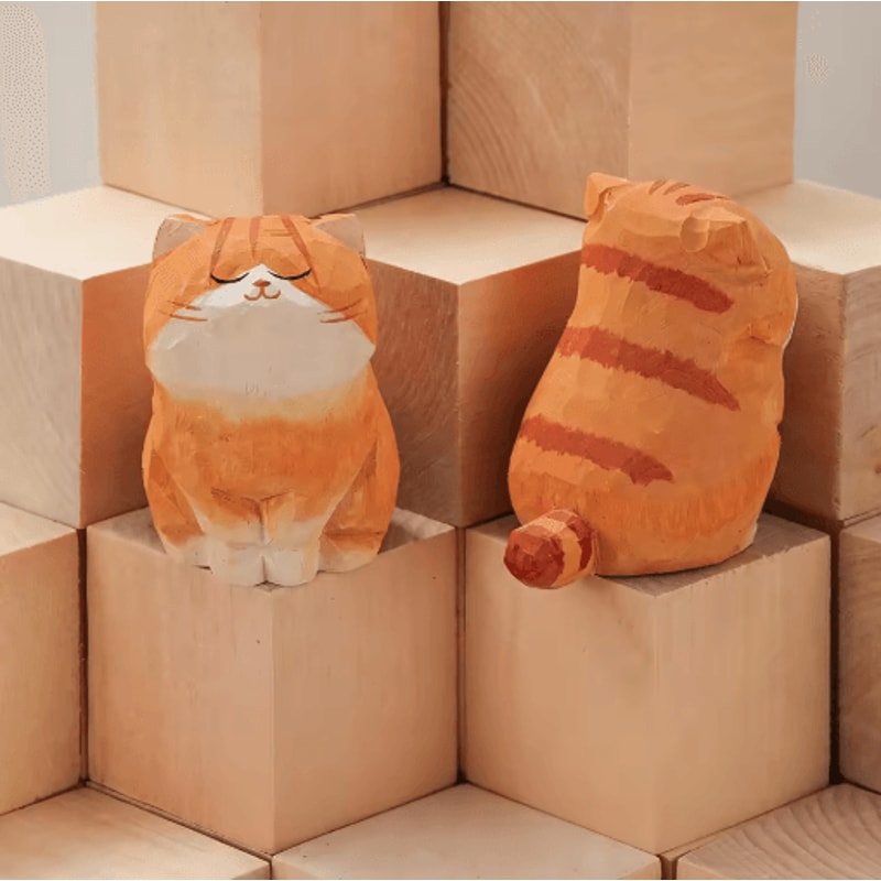 Handcrafted Wooden Cat Figurine Cute Carved Kitten Decor For Desk Home 9