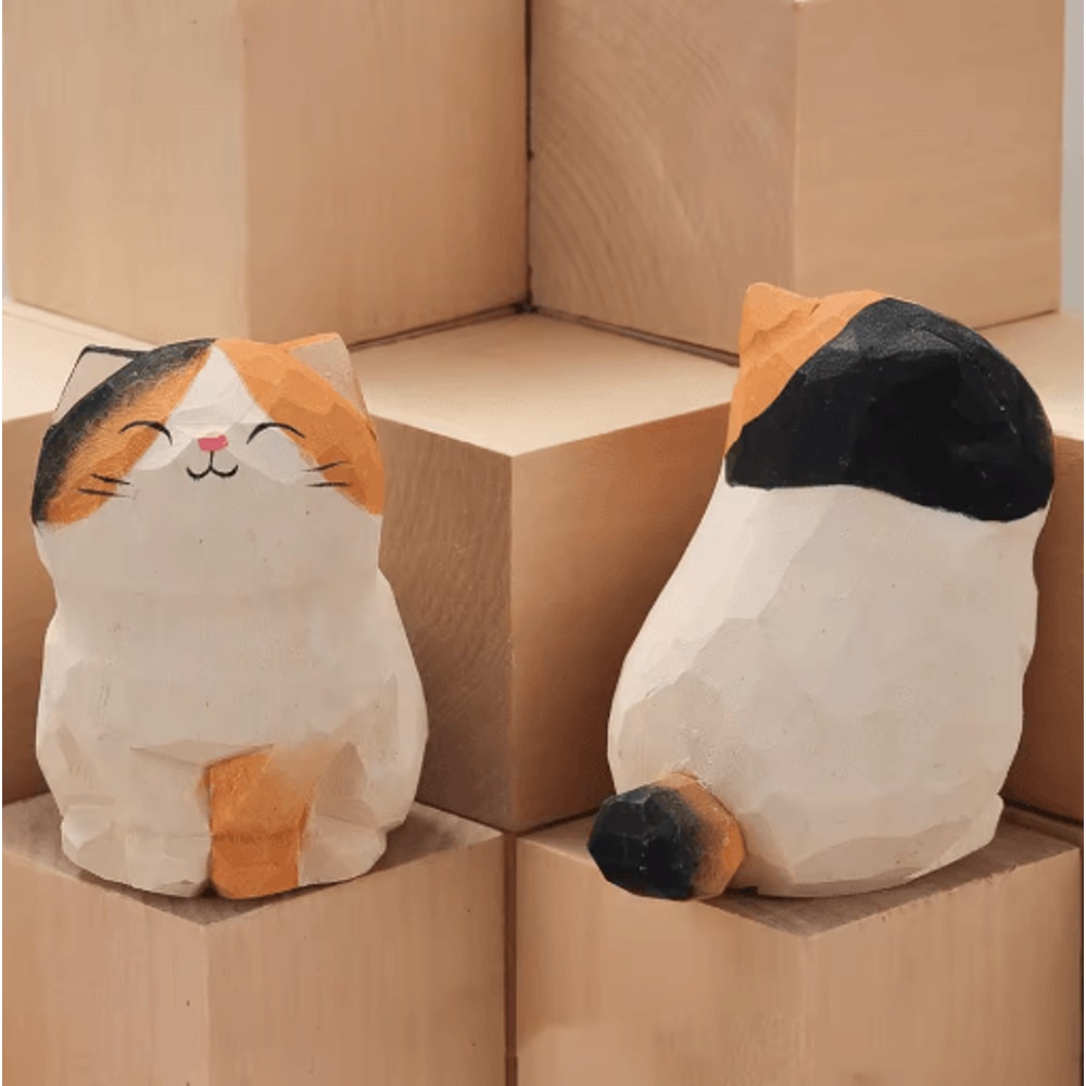 Handcrafted Wooden Cat Figurine Cute Carved Kitten Decor For Desk Home 11