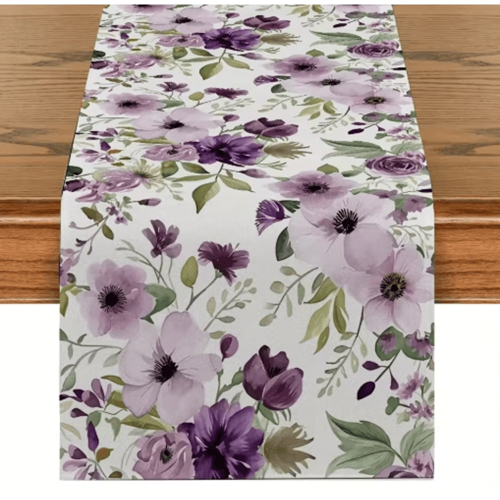 Watercolor Floral Green Plant Linen Table Runner Botanical Seasonal Table Decor 1
