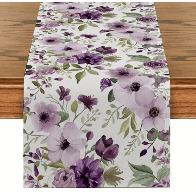 Watercolor Floral Green Plant Linen Table Runner Botanical Seasonal Table Decor 1