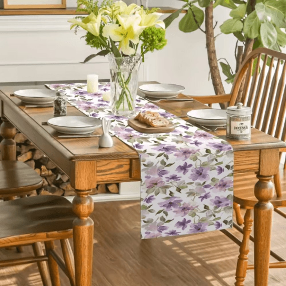 Watercolor Floral Green Plant Linen Table Runner Botanical Seasonal Table Decor 3