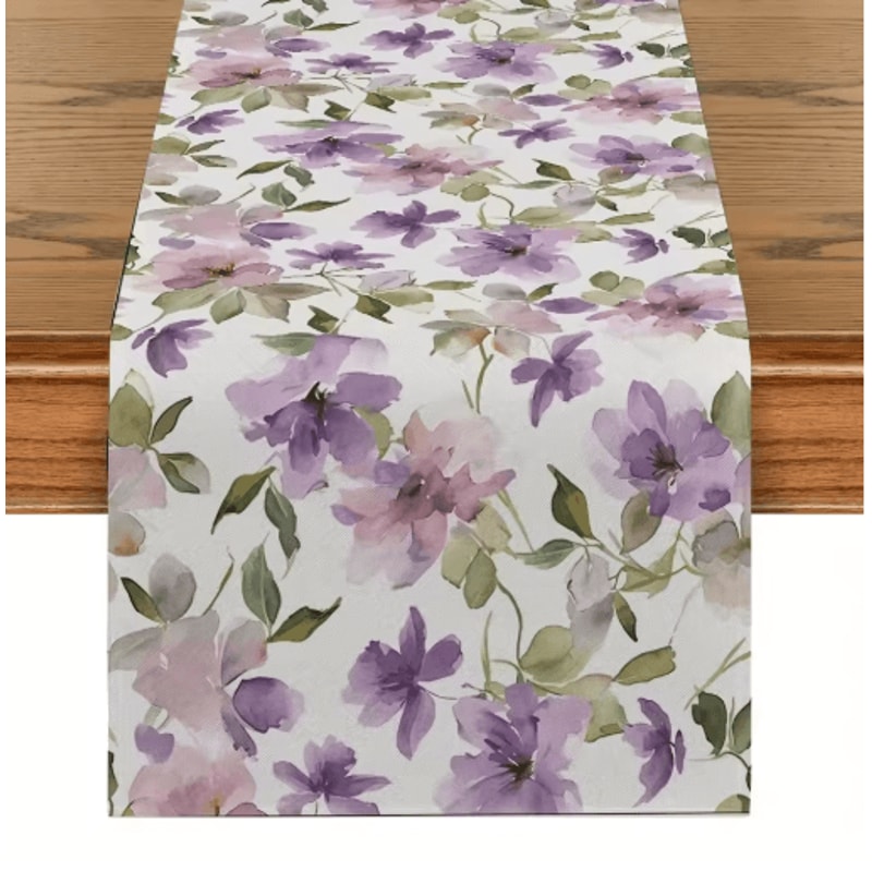 Watercolor Floral Green Plant Linen Table Runner Botanical Seasonal Table Decor 4