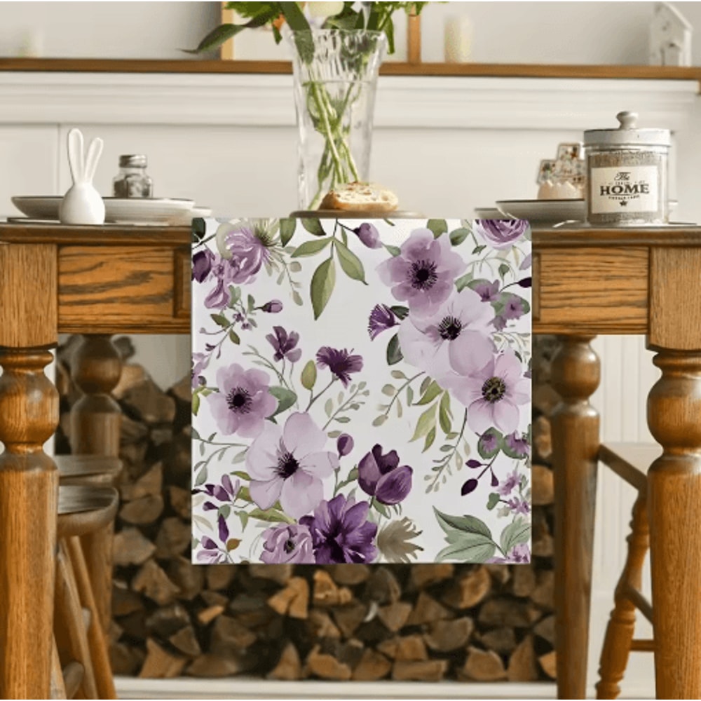 Watercolor Floral Green Plant Linen Table Runner Botanical Seasonal Table Decor 6