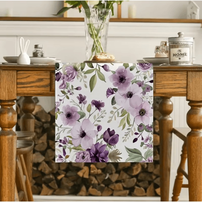 Watercolor Floral Green Plant Linen Table Runner Botanical Seasonal Table Decor 6