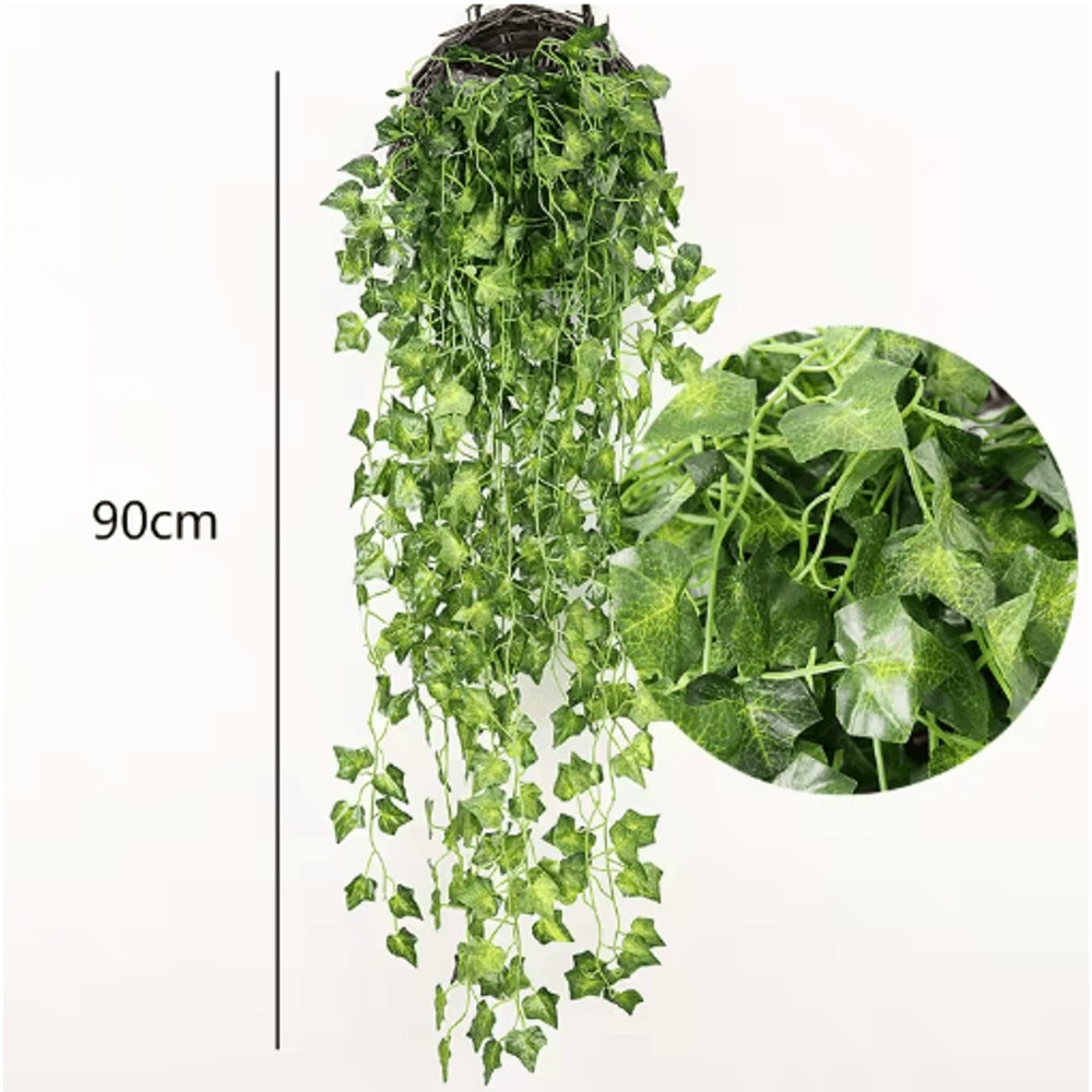 Artificial Rattan Hanging Ivy Plant Basket Lush Green Wall Garden Decor 9