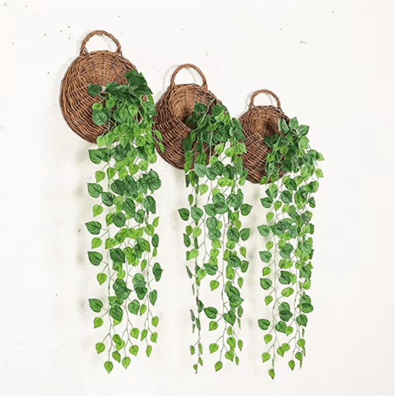 Artificial Rattan Hanging Ivy Plant Basket Lush Green Wall Garden Decor 0