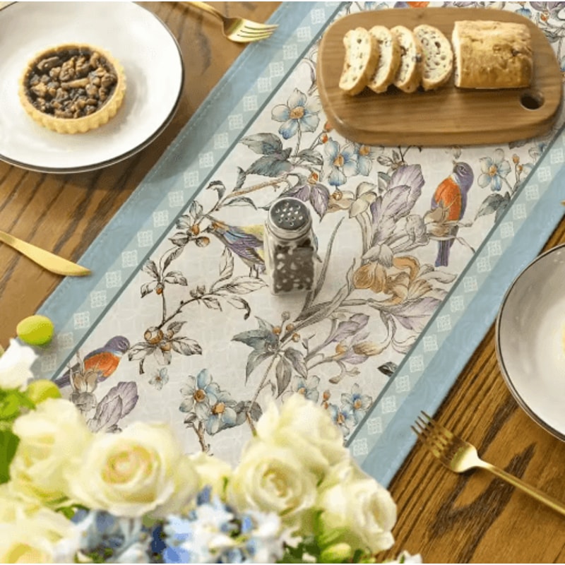 Blue Birds Blossom Linen Table Runner Elegant Floral Wedding Home Table Decor 4