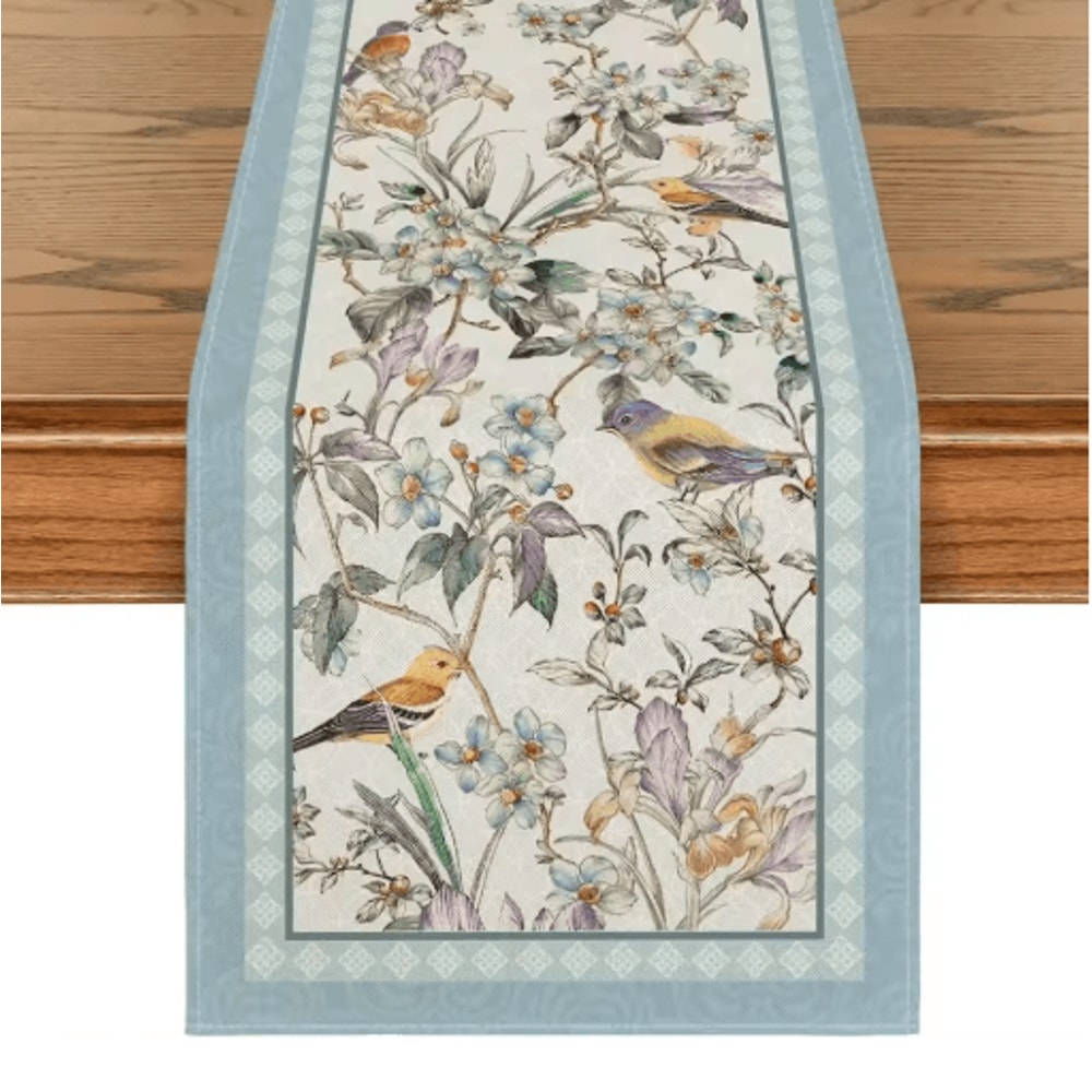 Blue Birds Blossom Linen Table Runner Elegant Floral Wedding Home Table Decor 0