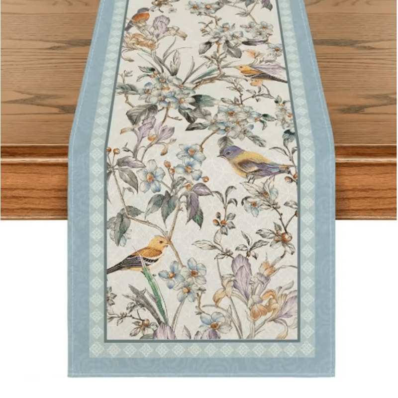 Blue Birds Blossom Linen Table Runner Elegant Floral Wedding Home Table Decor 0
