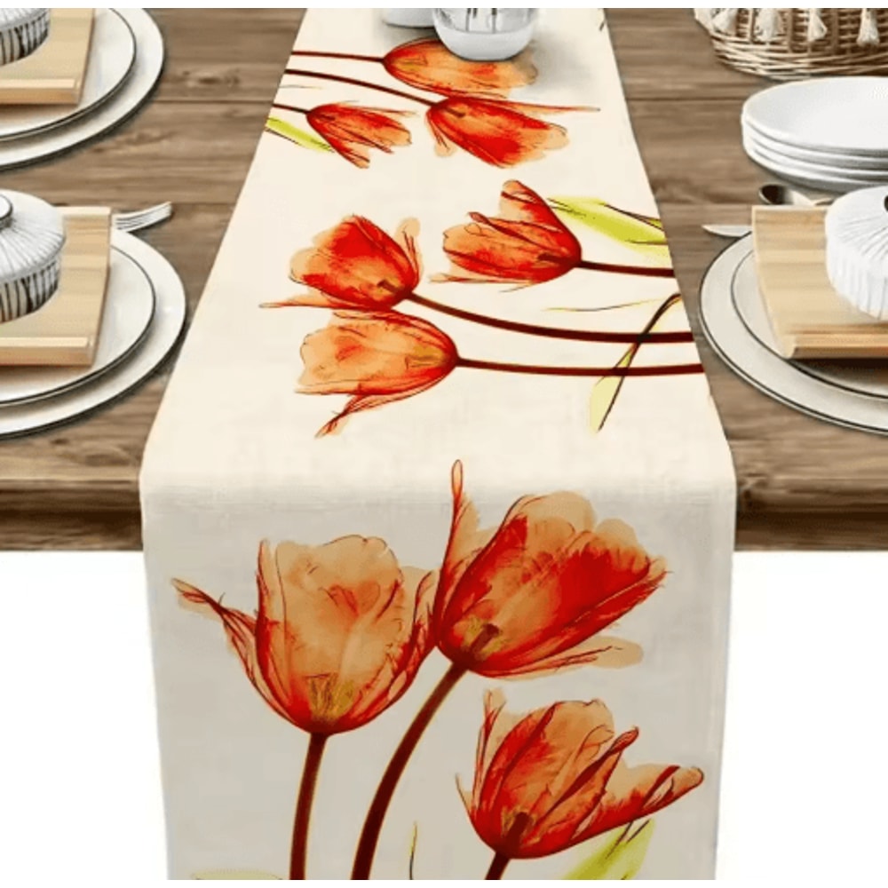 Tulip Linen Table Runner Rustic Farmhouse Floral Decor For Kitchen Dining Table 2