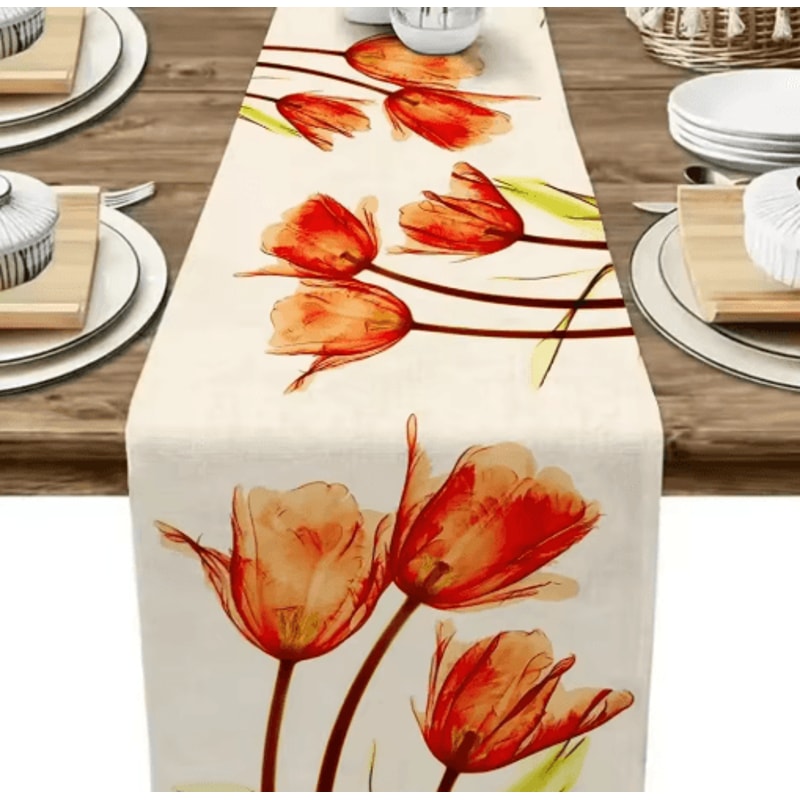 Tulip Linen Table Runner Rustic Farmhouse Floral Decor For Kitchen Dining Table 2