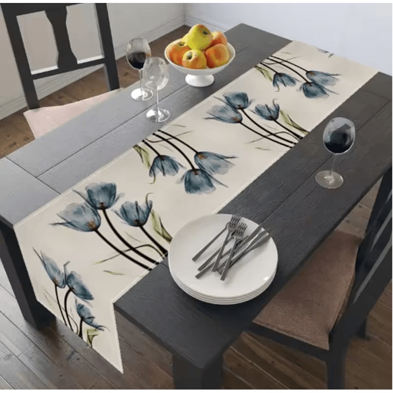 Tulip Linen Table Runner Rustic Farmhouse Floral Decor For Kitchen Dining Table 3