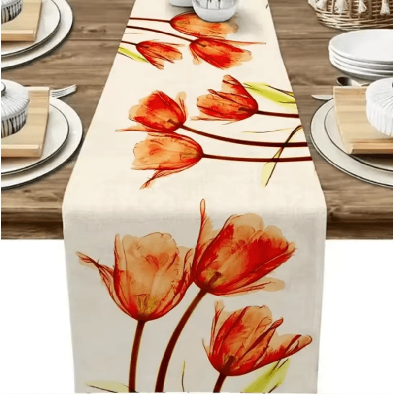 Tulip Linen Table Runner Rustic Farmhouse Floral Decor For Kitchen Dining Table 4
