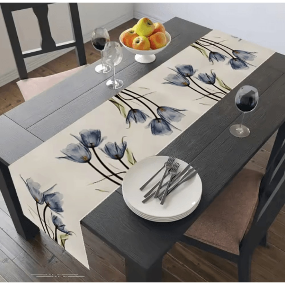 Tulip Linen Table Runner Rustic Farmhouse Floral Decor For Kitchen Dining Table 0