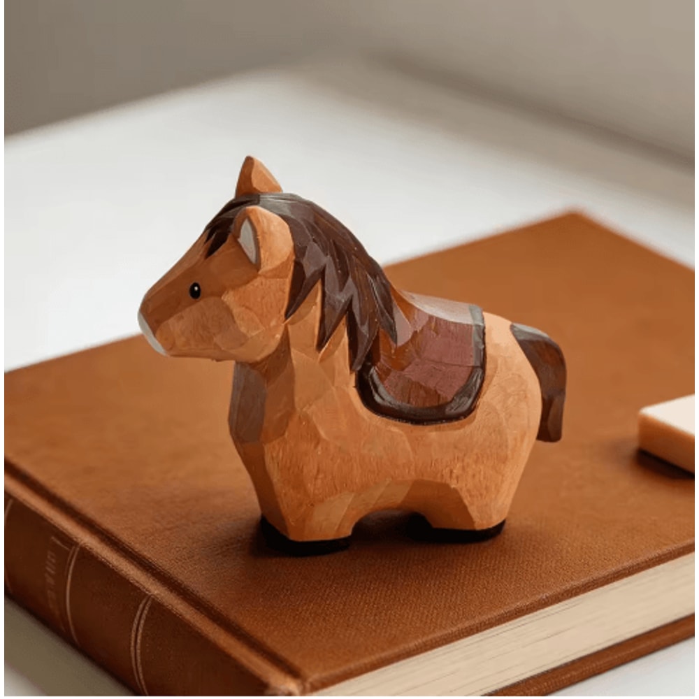 Handmade Wooden Horse Figurine Rustic Hand Carved Animal Decor For Home Desk 0