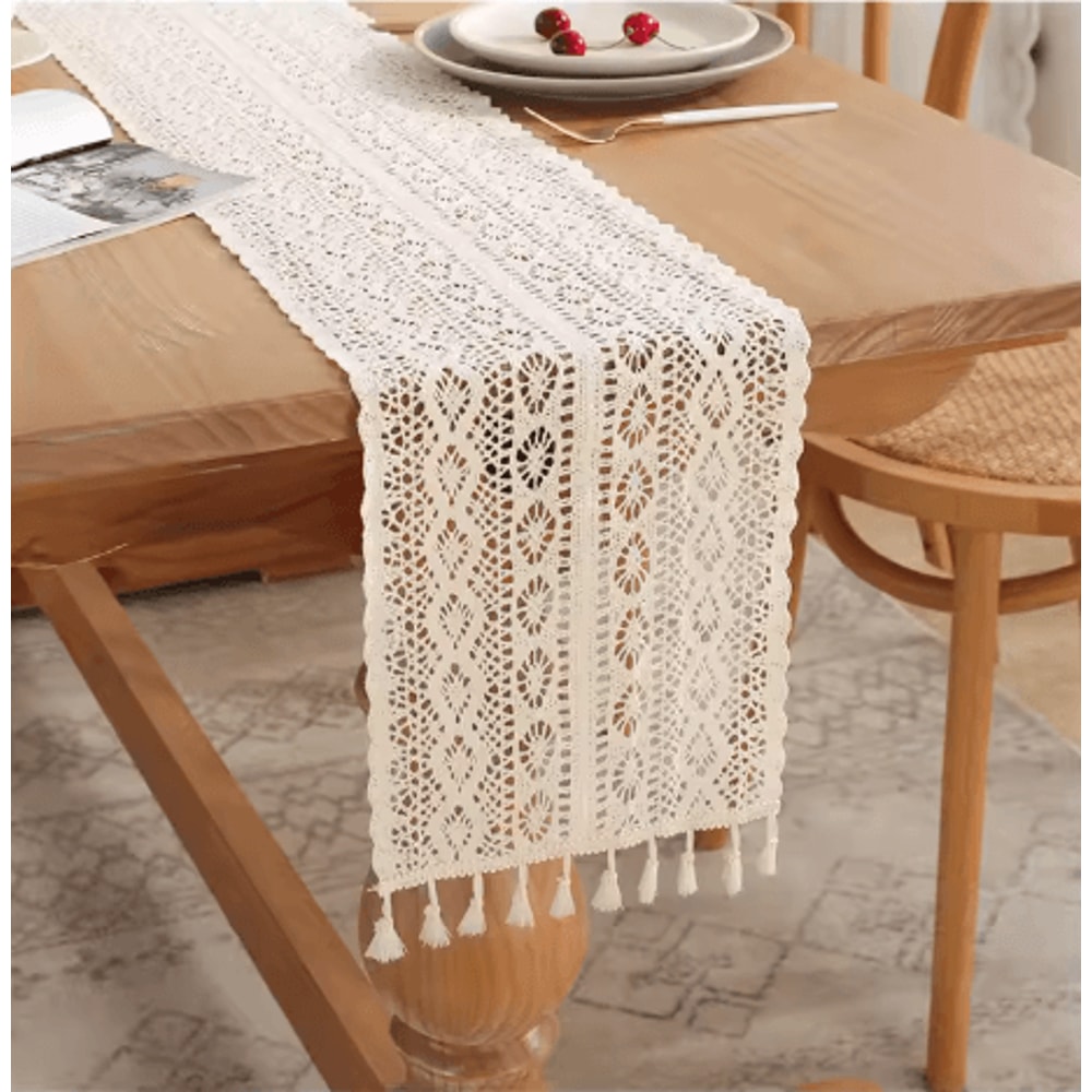 Boho Macrame Crochet Table Runner Vintage Farmhouse Beige Table Decor 3