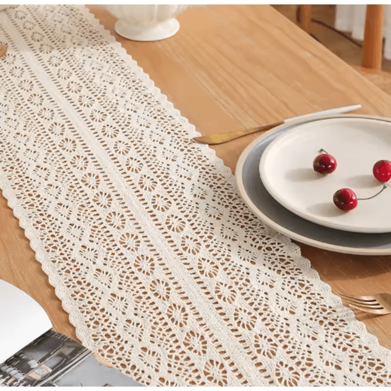 Boho Macrame Crochet Table Runner Vintage Farmhouse Beige Table Decor 7