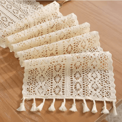 boho macrame crochet table runner vintage farmhouse beige table decor