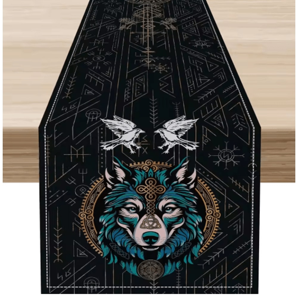 Norse Viking Raven Linen Table Runner Mythology Tree Of Life Kitchen Decor 2