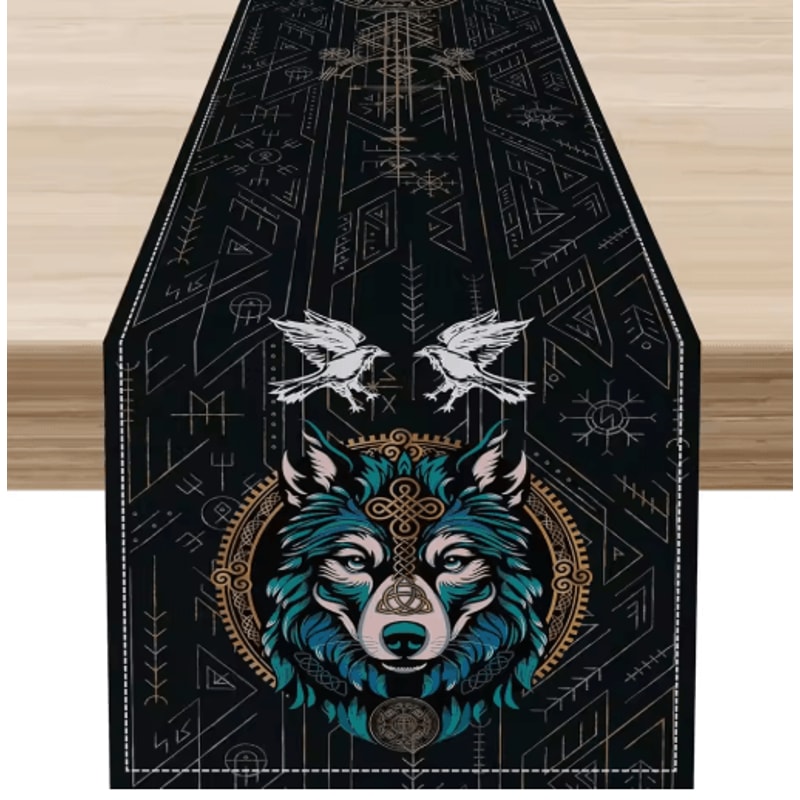 Norse Viking Raven Linen Table Runner Mythology Tree Of Life Kitchen Decor 2