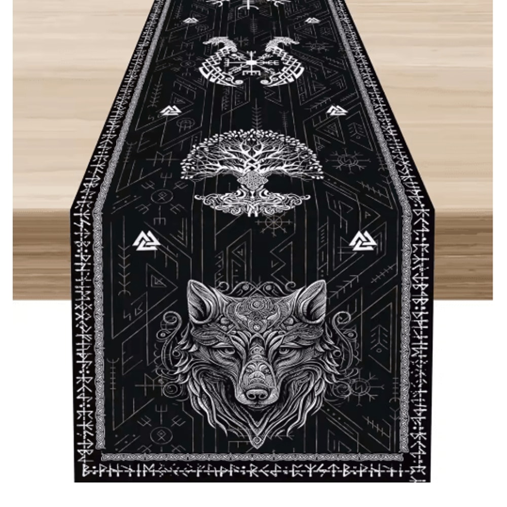 Norse Viking Raven Linen Table Runner Mythology Tree Of Life Kitchen Decor 3