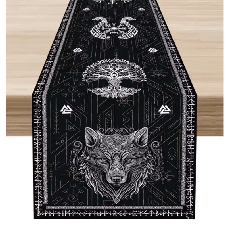 Norse Viking Raven Linen Table Runner Mythology Tree Of Life Kitchen Decor 3
