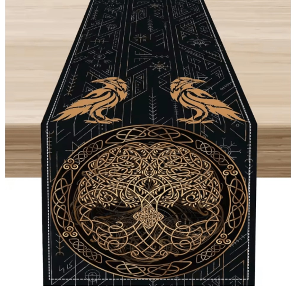 Norse Viking Raven Linen Table Runner Mythology Tree Of Life Kitchen Decor 4