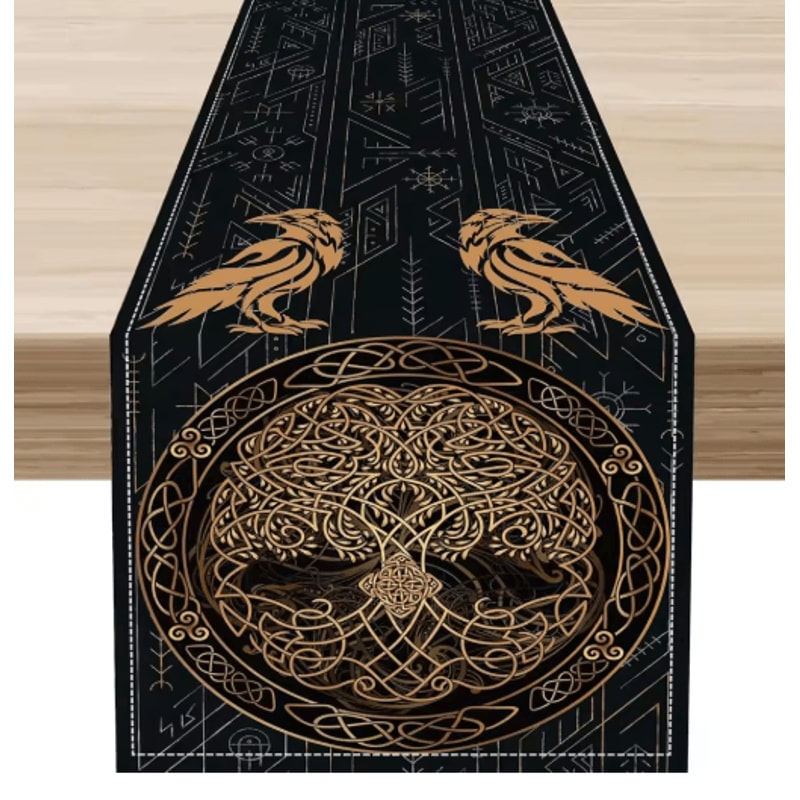 Norse Viking Raven Linen Table Runner Mythology Tree Of Life Kitchen Decor 4