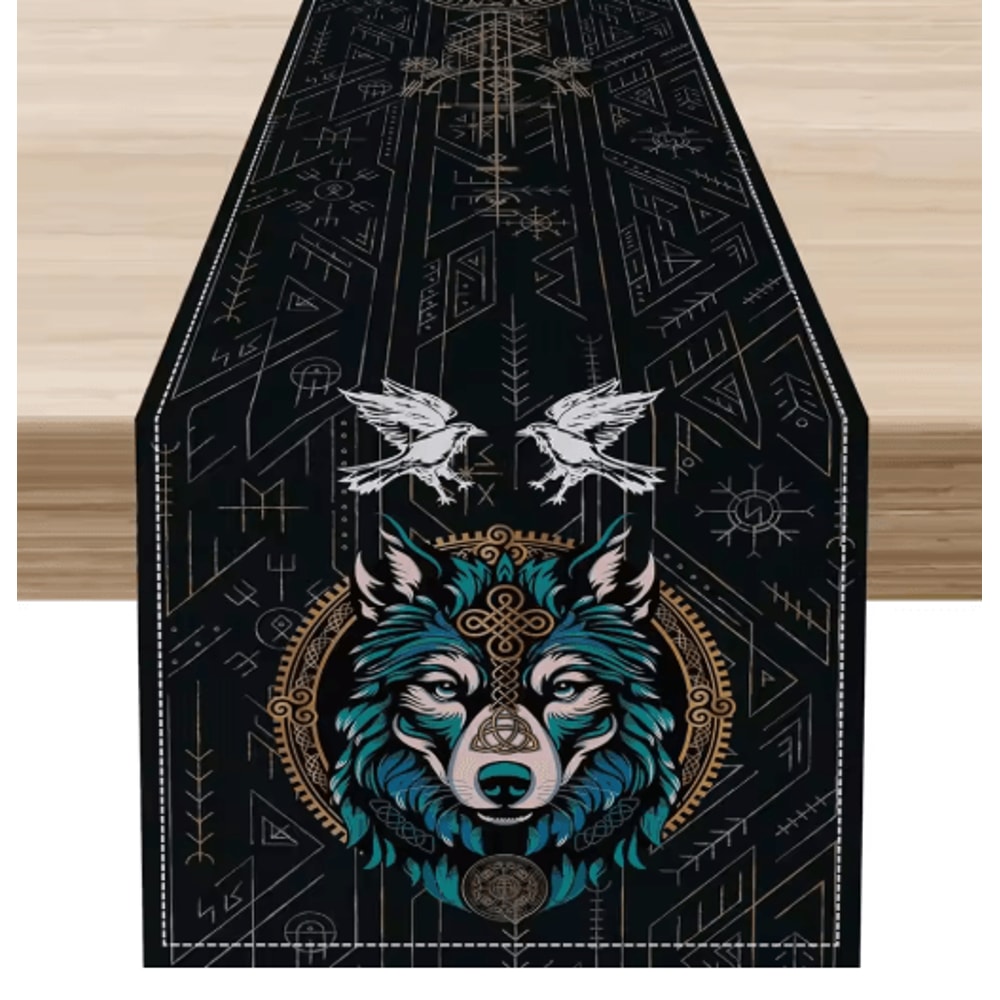 Norse Viking Raven Linen Table Runner Mythology Tree Of Life Kitchen Decor 5